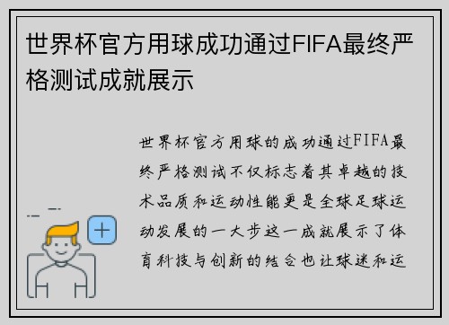 世界杯官方用球成功通过FIFA最终严格测试成就展示