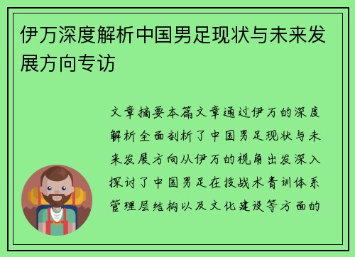 伊万深度解析中国男足现状与未来发展方向专访