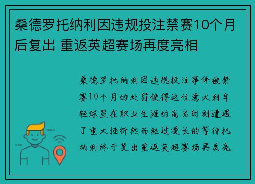 桑德罗托纳利因违规投注禁赛10个月后复出 重返英超赛场再度亮相