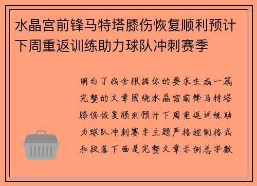 水晶宫前锋马特塔膝伤恢复顺利预计下周重返训练助力球队冲刺赛季